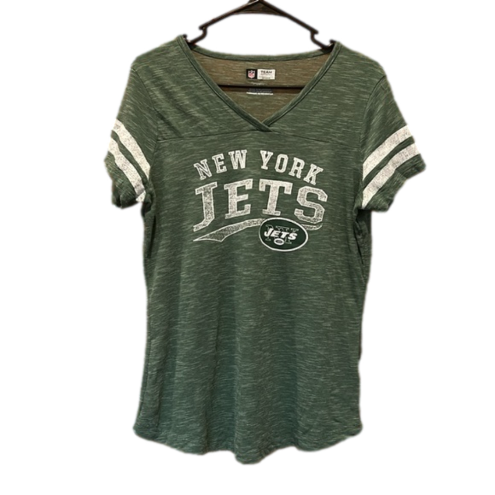 NFL Women's Team Apparel New York Jets V-Neck Green and White T-Shirt Size Small